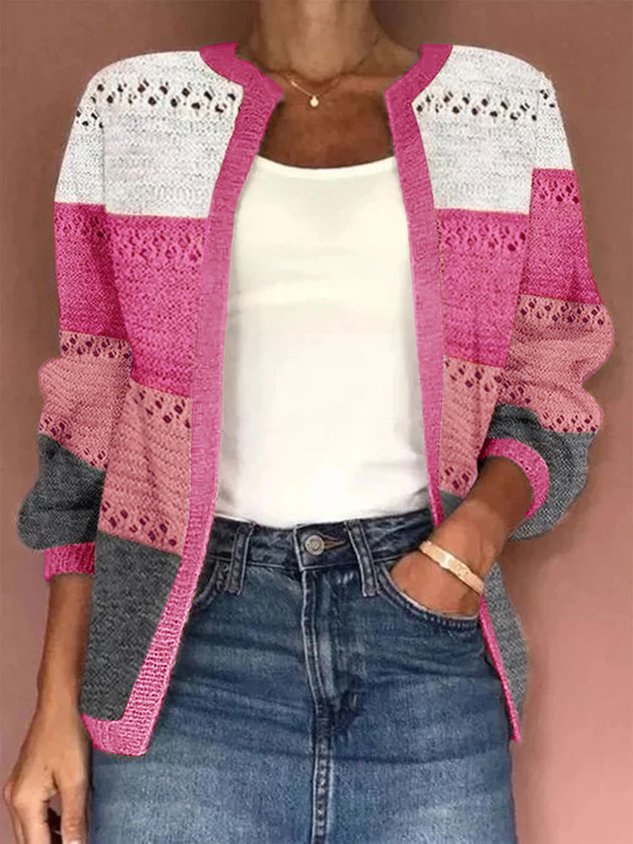 Women Knitted Color Block Long Sleeve Comfy Casual Jacquard Cardigan