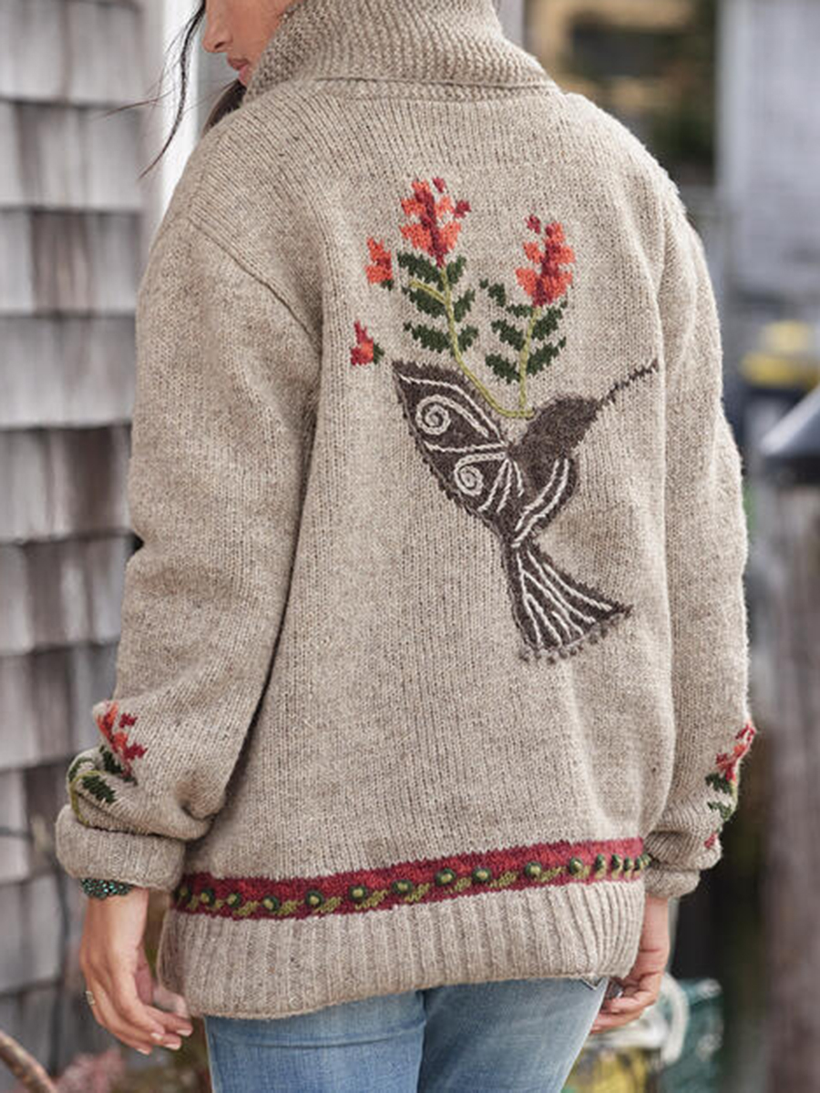 Vintage bird embroidered knitted cardigan