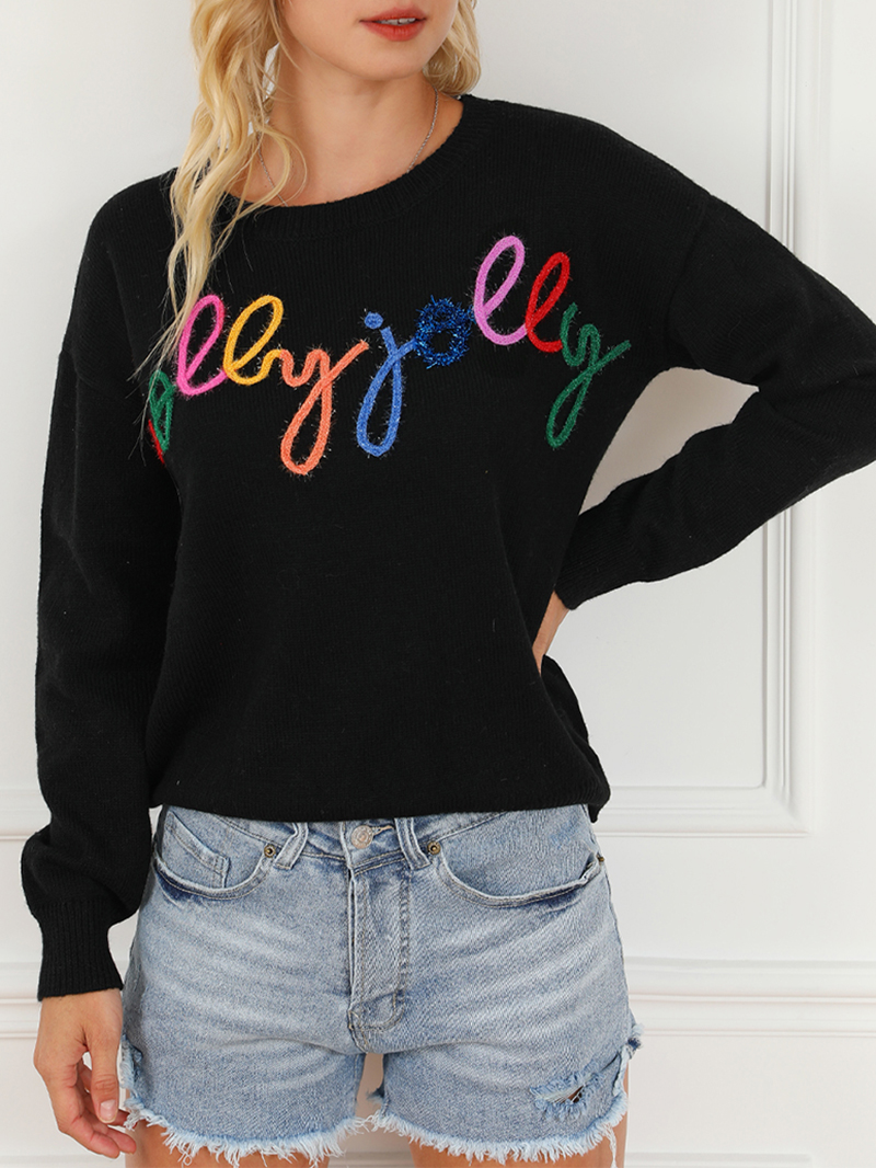 Black Holly Jolly Round Neck Casual Sweater