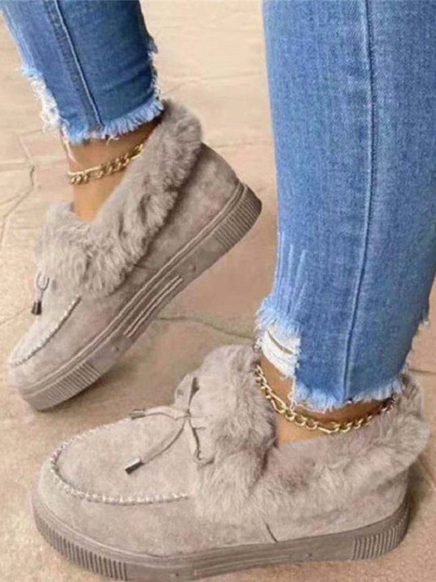 Vintage Plain All Season Wearable Daily Flat Shoes Faux Fur Slip On Deep Mouth Single Shoes for Women