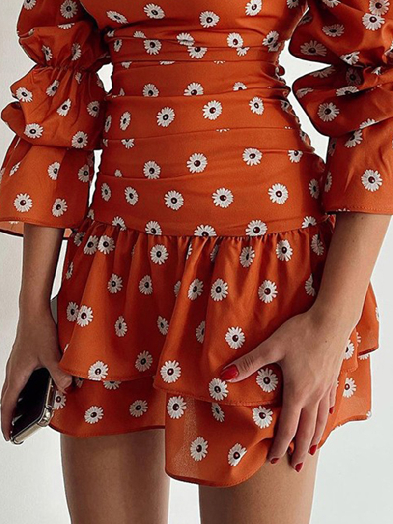 Fashionable Square Neck Printed Puff Sleeve Dress