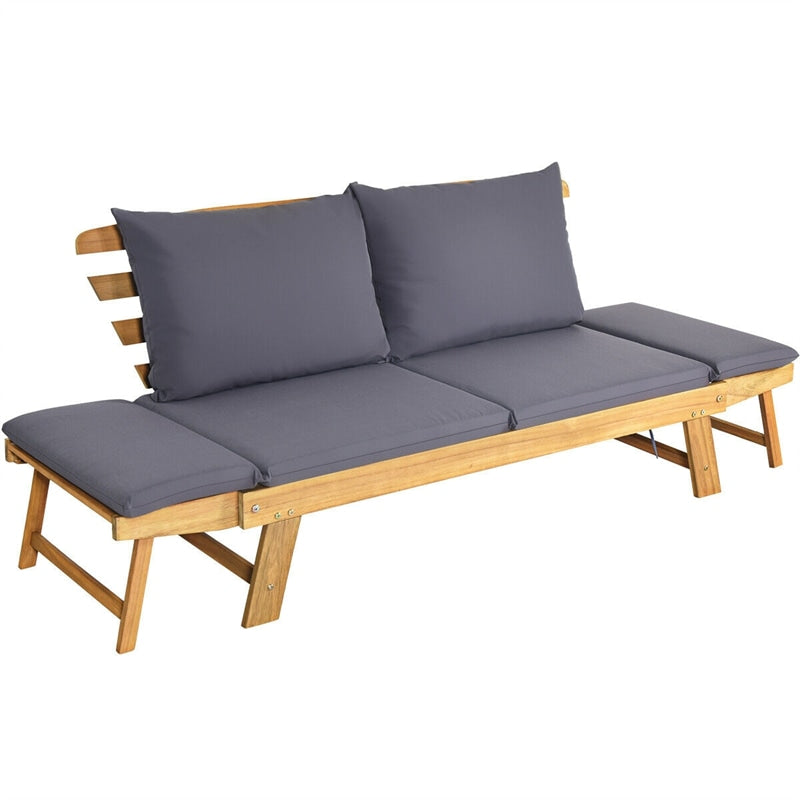 Outdoor Daybed Acacia Wood Convertible Couch Sofa Bed with Adjustable Armrest & Cushion