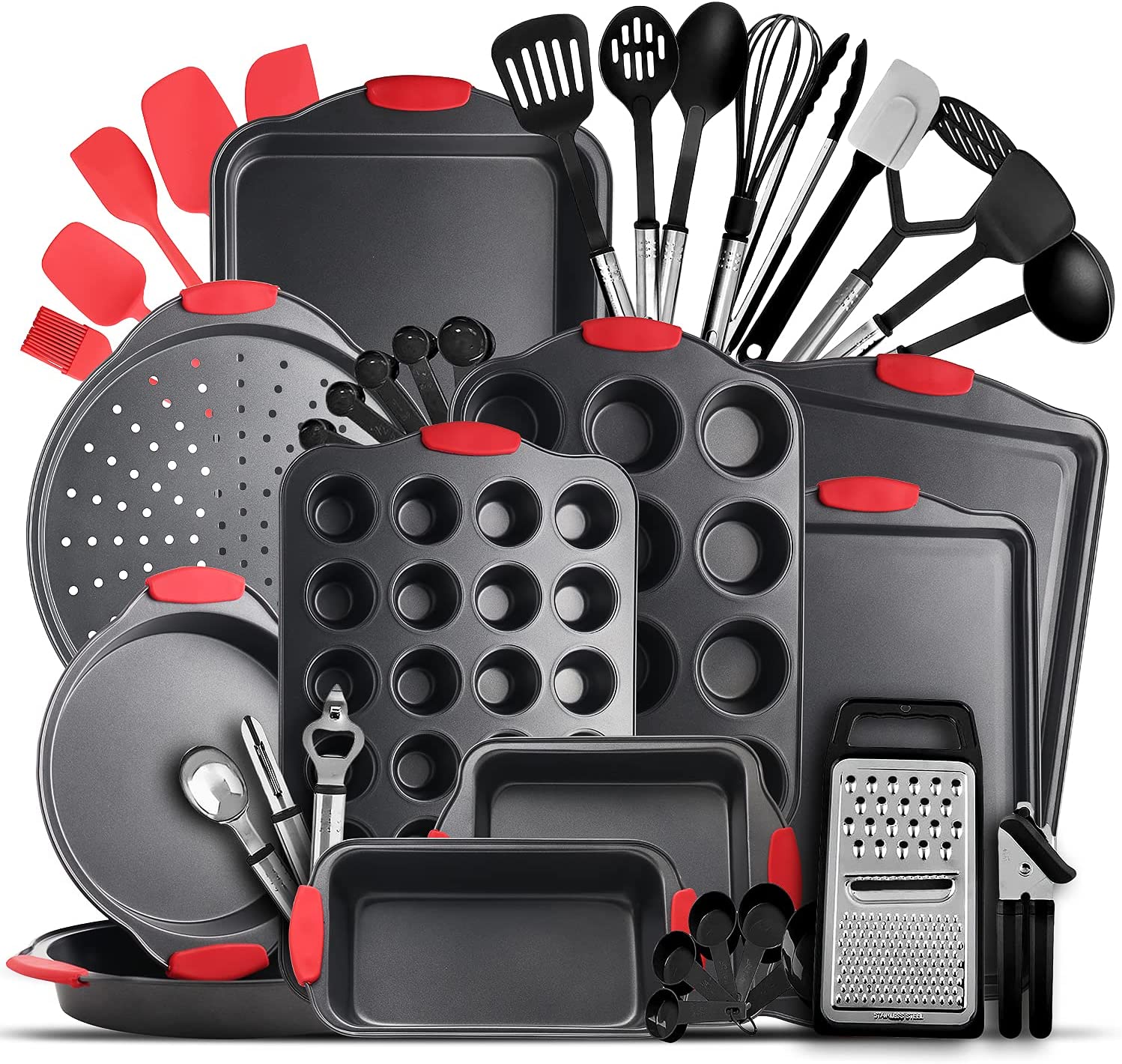 Nonstick Bakeware Sets with Baking Pans Set, 39 Piece Baking Set with Muffin Pan, Cake Pan & Cookie Sheets for Baking Nonstick Set, Steel Baking Sheets for Oven with Kitchen Utensils Set - Black