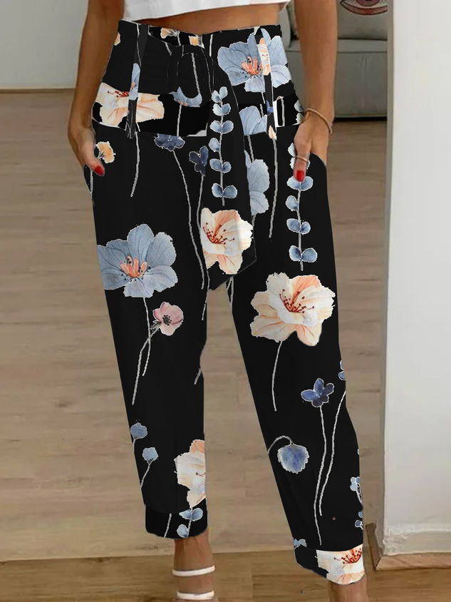 Flower Print Paperbag Cropped Pant