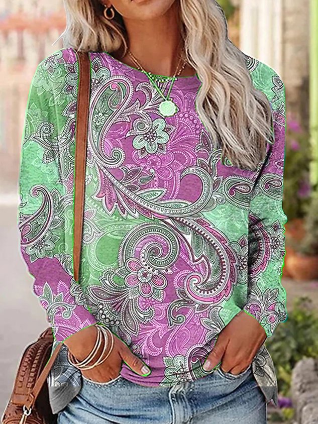 Casual Paisley Crew Neck Long Sleeve T-shirt