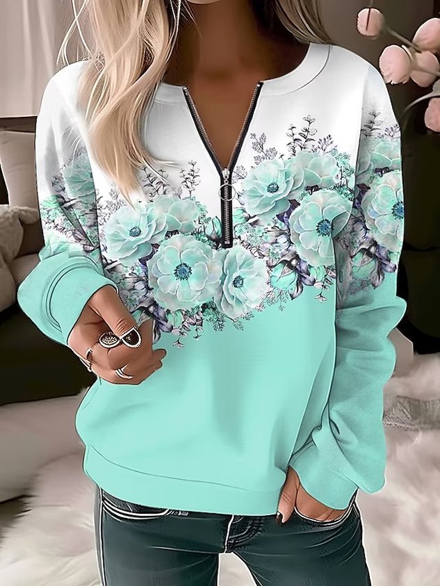 Casual Crew Neck Floral Sweatshirt