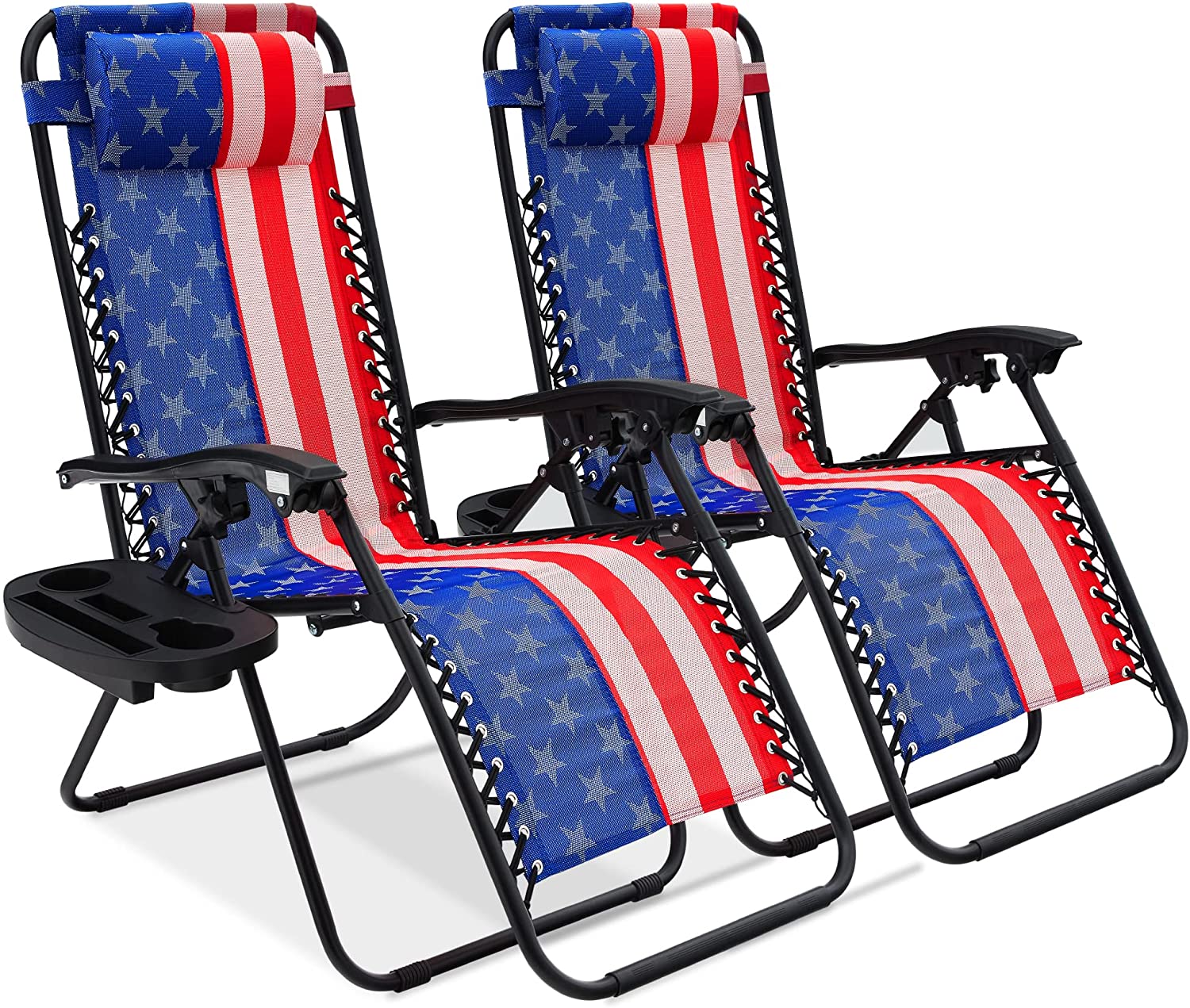 Set of 2 Adjustable Steel Mesh Zero Gravity Lounge Chair Recliners w/Pillows and Cup Holder Trays