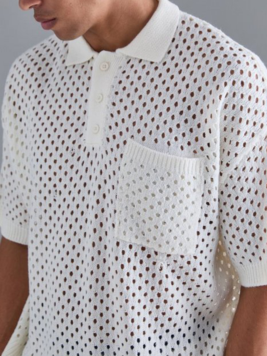 BOXY FIT CROCHET KNITTED V-NECK POLO