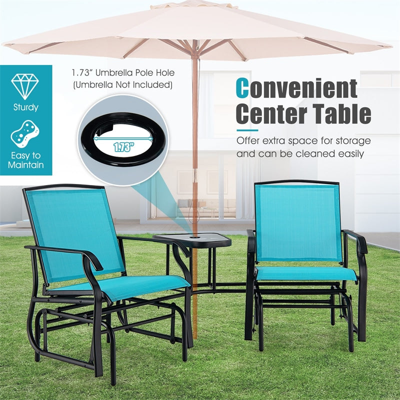 2-Seat Patio Rocking Chair Outdoor Double Glider Chair with Glass Table & Umbrella Hole