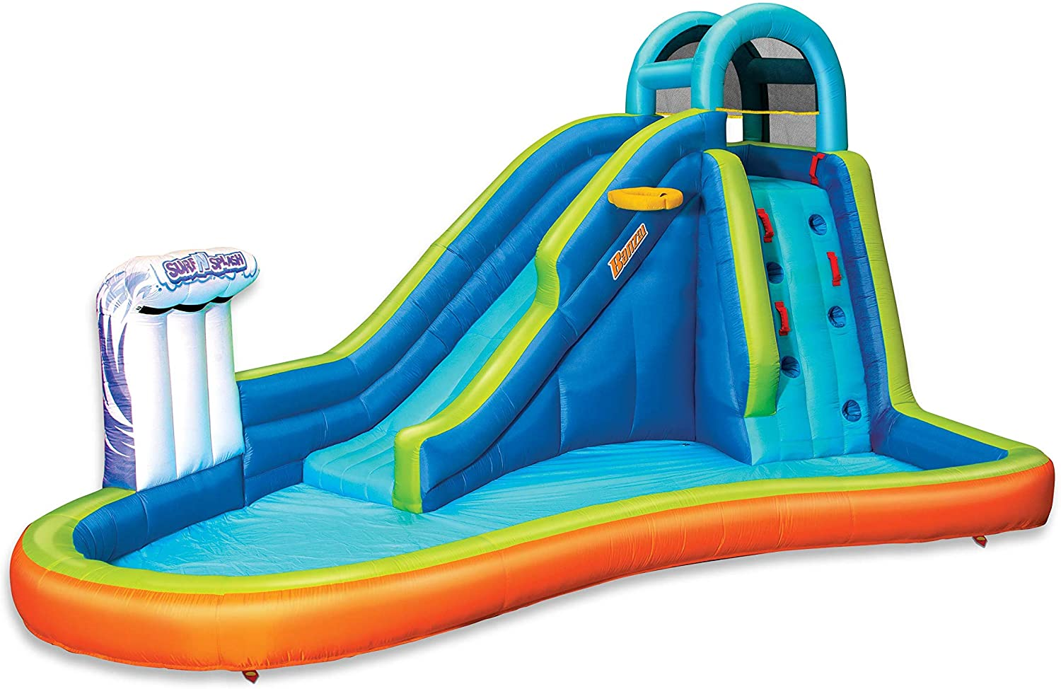 Inflatable Giant Water Slide - Huge Kids Pool (14 Feet Long by 8 Feet High) with Built in Sprinkler Wave and Basketball Hoop - Heavy Duty Outdoor Surf N Splash Adventure Park - Blower Included