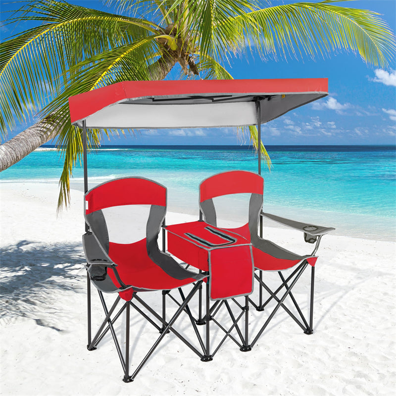 Folding Double Camping Chairs with Shade Canopy Portable Beach Chairs with Cup Holder