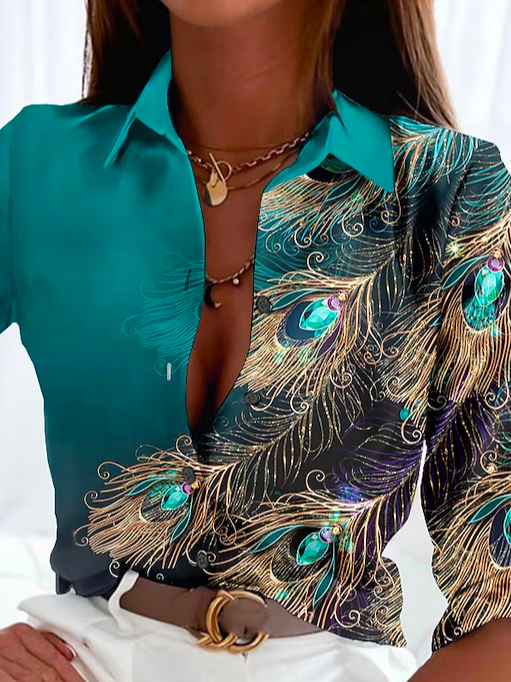 Casual Shirt Collar Feather Pattern Blouse