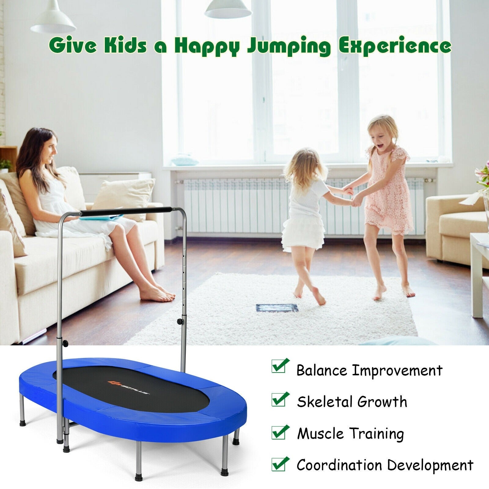 Foldable Double Mini Kids Fitness Trampoline Rebounder with Adjustable Handle