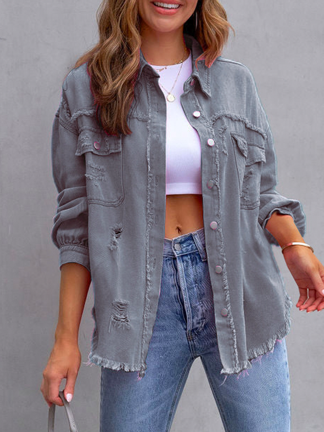 Shawl Collar Long Sleeve Plain Ripped Regular Loose Denim Jacket For Women