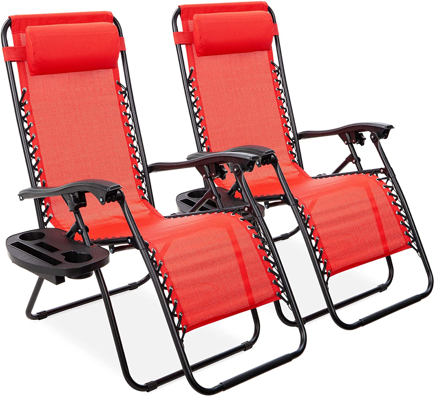 Set of 2 Adjustable Steel Mesh Zero Gravity Lounge Chair Recliners w/Pillows and Cup Holder Trays