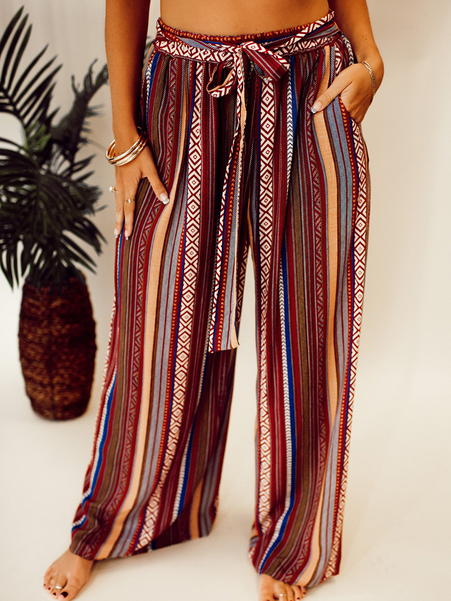 Ethnic pattern stripe pattern with waistband wide leg pants