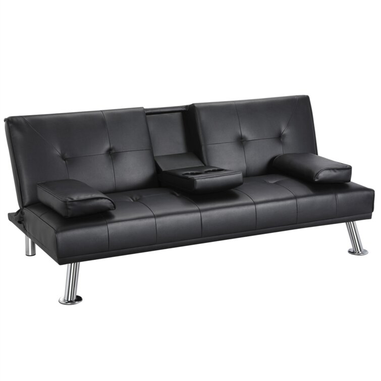 Janni 66'' Wide Faux Leather Cushion Back Convertible Sofa with Cup Holder