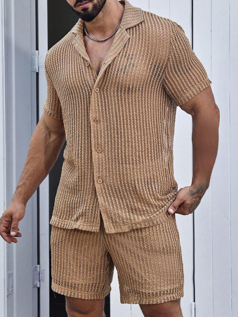 2Pcs Men's Resort Beach Woven Hollow Shirt Shorts Set