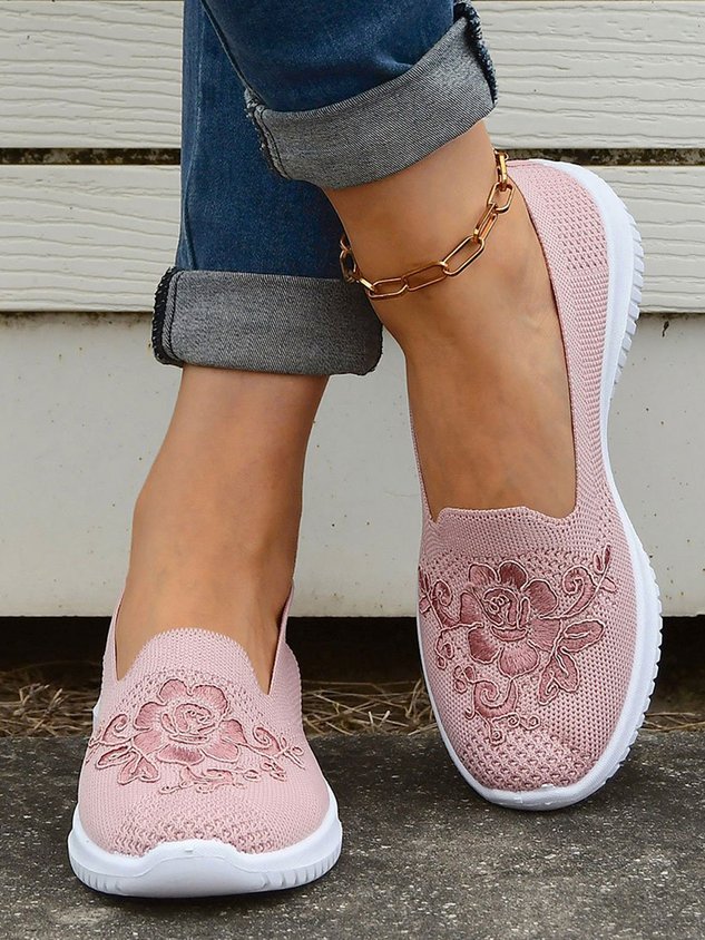 Sports Floral Breathable Slip On Flat Heel Fly Woven Shoes Embroidery