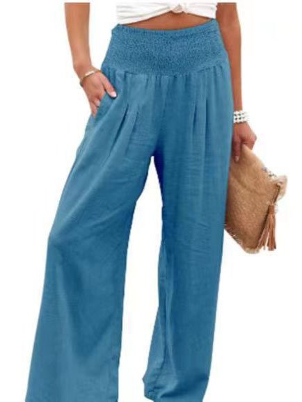 Casual Plain Natural Long Elastic Band Scramble Wide Leg Pants