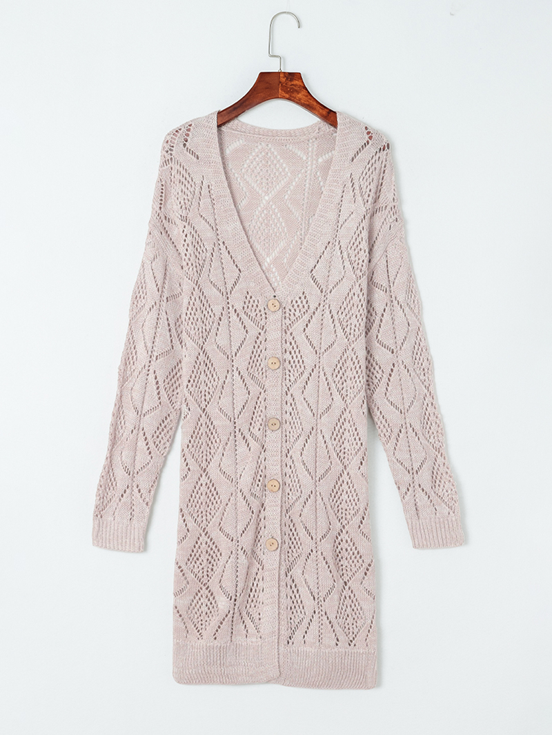 Khaki Hollow-out Openwork Knit Cardigan