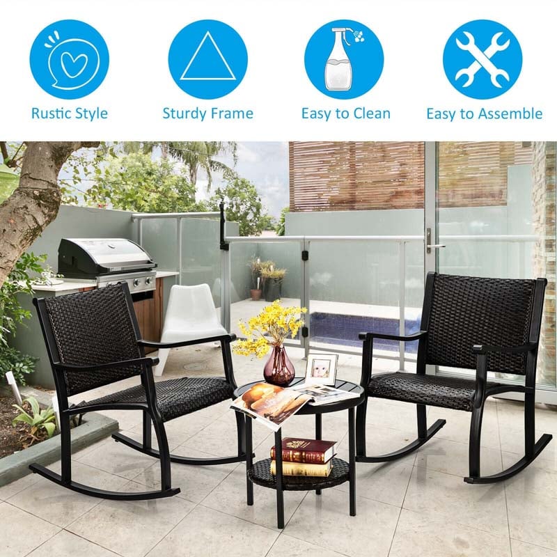 Bestoutdor Wicker Patio Bistro Set with 2 Rocking Chairs & Coffee Table Storage Shelf