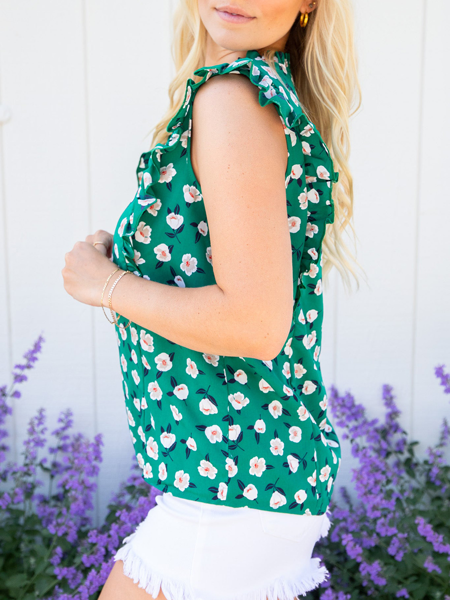 Green floral ruffled short sleeved shirt