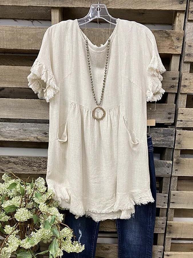 Women's Cotton & Linen Fringe Pocket Top